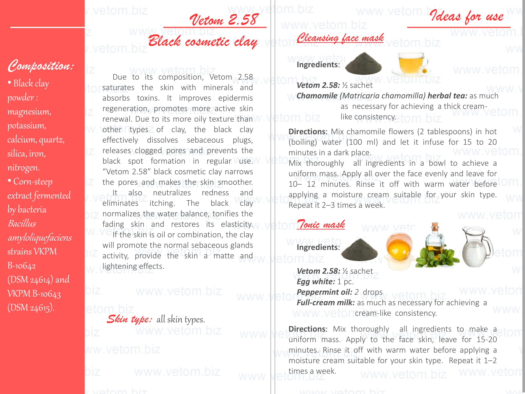 Vetom 2.58 - Black cosmetic clay for all skin types. Ideas for use: Cleansing face mask, Tonic mask.